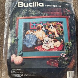 Bucilla Needlepoint Kit - Playful Puppies with Blue and Red Accents